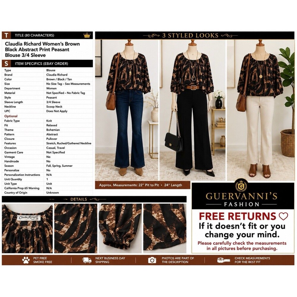 Claudia Richard Womens brown black abstract print peasant blouse 3/4 sleeve